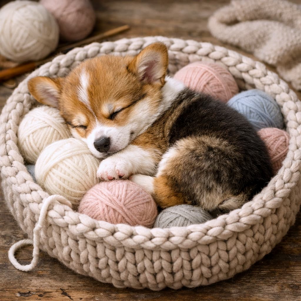 「毛糸に埋もれて夢の中♪コーギーの幸せお昼寝タイム🧶🐶💤」A cute Welsh Corgi puppy curled up asleep in a knitted basket filled with soft pastel yarn balls, warm cozy lighting, photorealistic. やわらかなパステルカラーの毛糸玉が詰まった編み込みバスケットの中で、丸くなってぐっすり眠るウェルシュコーギーの子犬。暖かく居心地のよい雰囲気の写実的な写真