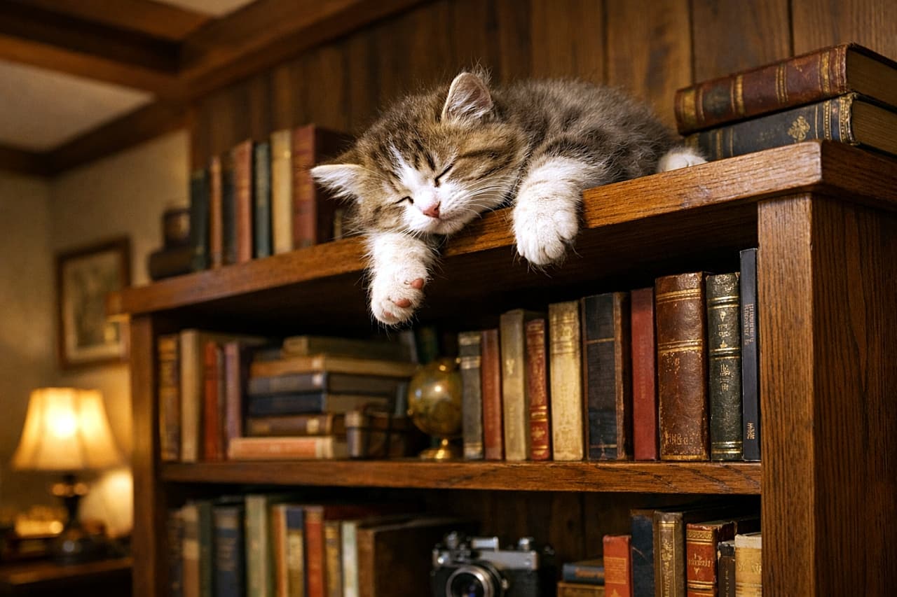 「落ちちゃうよ〜!本棚のてっぺんで夢の中🐾📚」A fluffy tabby kitten dozing on the top shelf of a tall wooden bookshelf, its tiny paws dangling over the edge, surrounded by vintage books in warm, soft lighting. 背の高い木製本棚の最上段で、両前足を棚の外に垂らしながらうたた寝するふわふわの子猫。暖かい光に包まれ、本に囲まれている様子