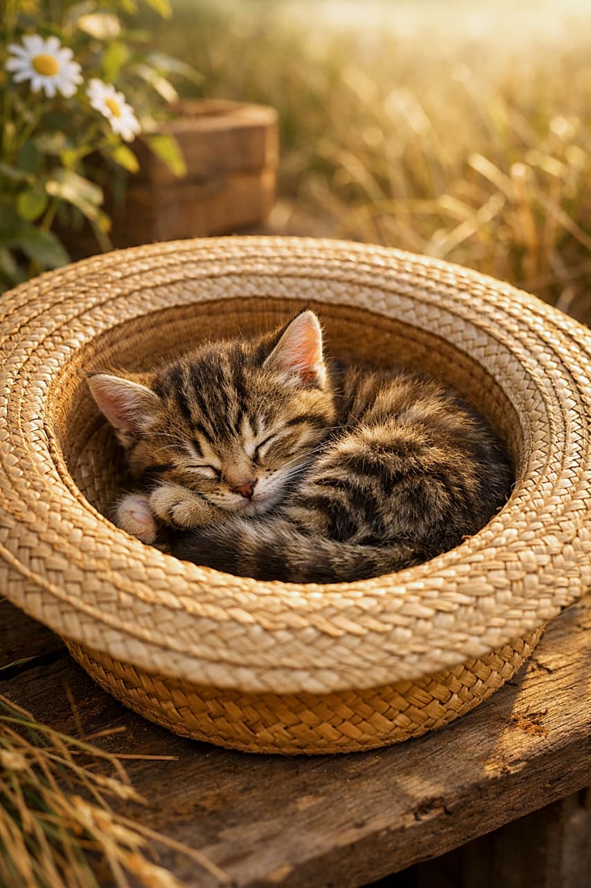 「夏の午後、麦わら帽子でお昼寝中の子猫が可愛すぎ!」A tiny tabby kitten curled up inside a straw sun hat, sleeping peacefully in the warm light of a summer afternoon, with a blurred garden background. 小さなキジトラの子猫が麦わら帽子の中で丸くなり、夏の午後の柔らかい光の中で平和に眠る様子。背景にはぼんやりした庭