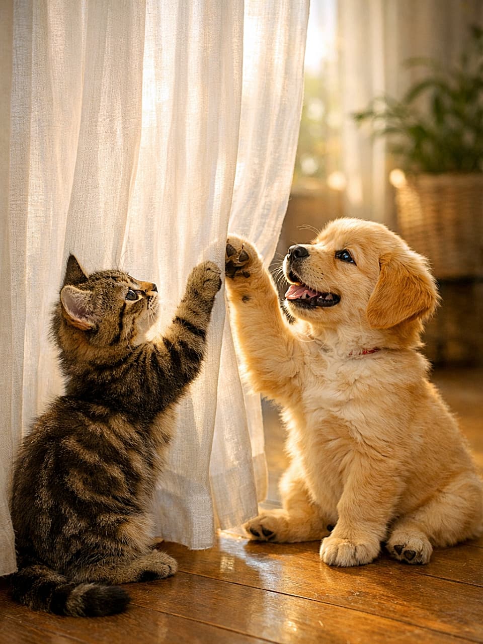 「光に包まれてキュートな子猫と子犬が仲良く遊ぶ♪」A curious tabby kitten and a golden retriever puppy sitting on a wooden floor, pawing at a softly glowing white curtain in warm sunlight. 好奇心旺盛なキジトラ子猫とゴールデンレトリーバーの子犬が木の床に座り、柔らかく光る白いカーテンに手を伸ばしている