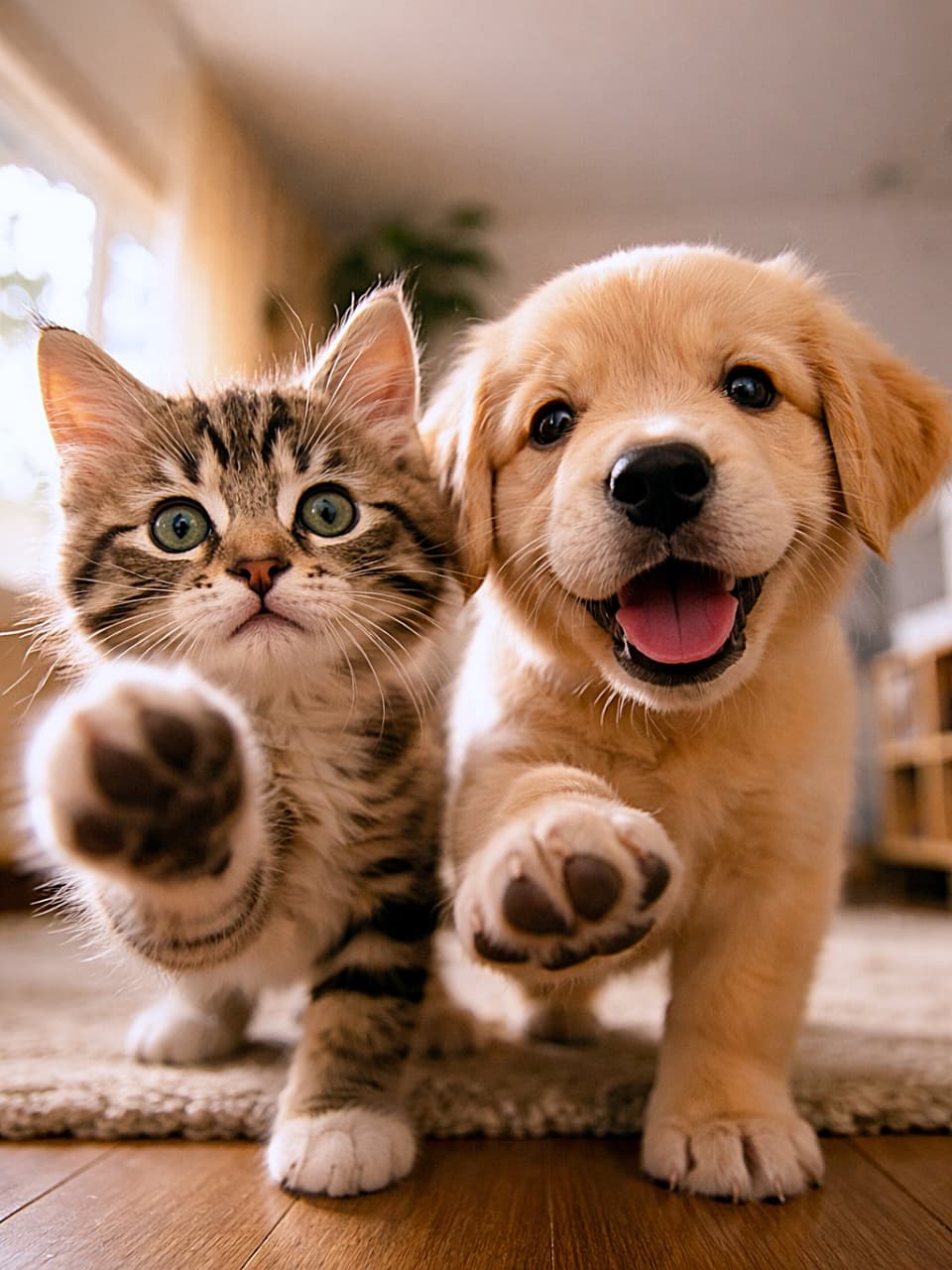 「子猫と子犬がカメラにタッチ!ふんわり可愛いおうち時間💛」A curious tabby kitten and a playful golden retriever puppy reaching toward the camera, cozy indoor scene with warm natural light. 好奇心旺盛な子猫と遊び好きな子犬がカメラに手を伸ばす、温かい室内の光景