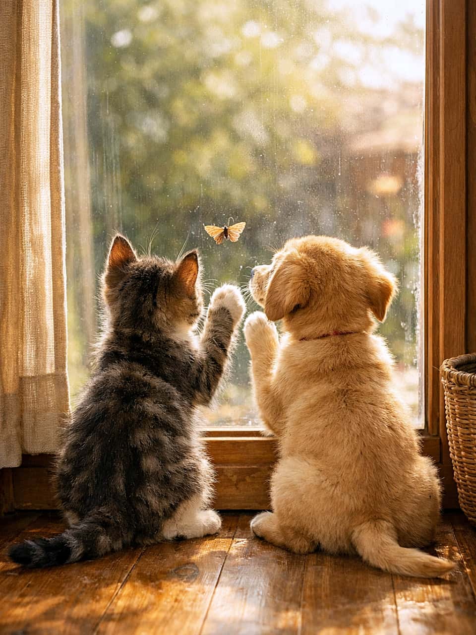 「子猫と子犬が窓の蛾に夢中!ほっこり癒やされる光景✨」A curious kitten and a playful puppy sitting side by side on a wooden floor, tapping a small moth on a sunlit window with their paws, joyful expressions, warm indoor light. 木の床の上に並んで座る好奇心旺盛な子猫と遊び好きな子犬。日差しが差し込む窓の小さな蛾を前足でそっと叩く、楽しげな表情のシーン