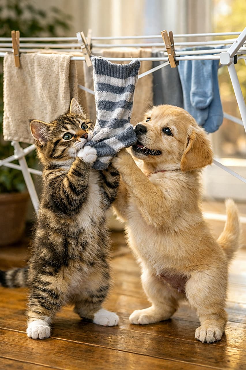 「靴下ひっぱりっこ大会、勝つのはどっち?🐶🐱今日もお部屋はほっこり平和です🧦💛」A photorealistic indoor scene of a curious kitten and a playful puppy standing on their hind legs, gently tugging at a sock hanging from a laundry rack in warm daylight. 室内の洗濯ラックに掛かった靴下を、後ろ足で立った子猫と子犬が仲良く引っ張り合う、暖かい自然光のフォトリアルなシーン