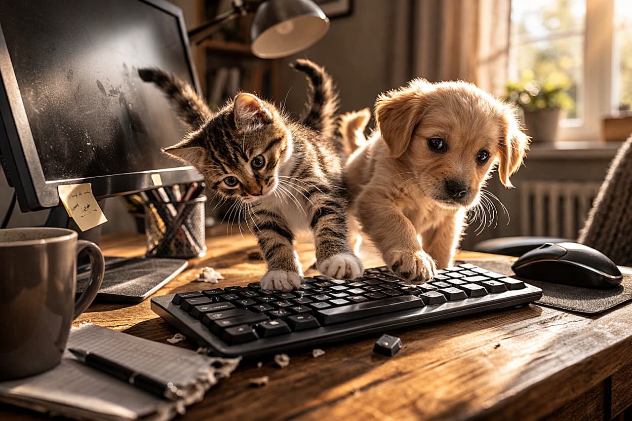 「いたずら中なのに真剣な顔…もう許すしかないやつ😇」A realistic kitten and small puppy stepping on a computer keyboard together in a sunlit home office with a cozy, slightly messy desk. 日差しが差し込むホームオフィスで、少し散らかった机の上を子猫と子犬が一緒にキーボードを踏んでいる様子
