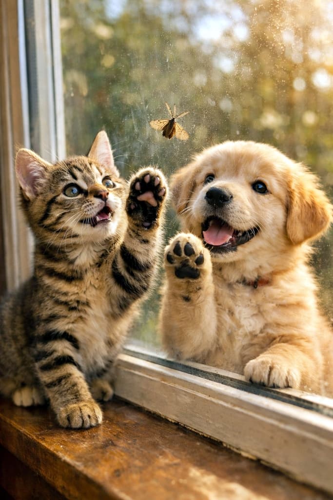 「窓の向こうの小さな世界に夢中!子猫と子犬、はじめての共同ハンターごっこ🐾」A curious tabby kitten and a golden retriever puppy sitting by a window, pawing at a moth on the glass with excited expressions in warm natural light. 窓辺でガラスにとまった蛾に向かって、興奮した表情で前足を伸ばす子猫と子犬。やさしい自然光に包まれた室内の一瞬