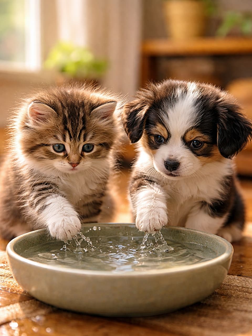 「きらきら水遊び!仲良しコンビの幸せ時間🐾💧」A photorealistic image of a fluffy kitten and a small puppy sitting indoors beside a shallow ceramic bowl of water, gently tapping the surface with their paws, tiny splashes frozen in warm natural light, both with joyful expressions. 室内で浅い陶器の水皿のそばに並んで座るふわふわの子猫と小さな子犬が、前足で水面をそっと叩き、暖かな自然光の中で小さな水しぶきが止まった瞬間を捉えたリアルな写真
