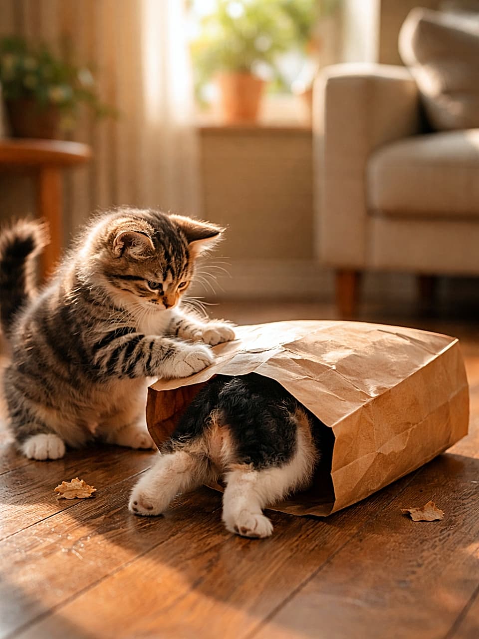 「紙袋ミッション発動!子犬潜入、子猫チェック中🐾」A photorealistic indoor scene of a fluffy tabby kitten gently tapping a paper bag on a wooden floor, while a small puppy has its head inside the bag. Warm afternoon sunlight fills the cozy room, capturing their playful and mischievous expressions. 暖かな午後の光が差し込む室内の木の床で、紙袋に頭を入れた子犬を外からそっと叩くふわふわの子猫。遊び心あふれる表情が印象的なフォトリアルな一枚