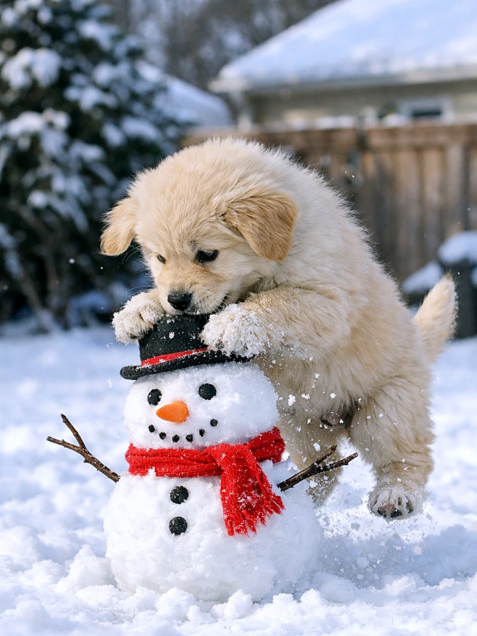 「雪だるまに突撃!ふわふわ子犬の無邪気すぎる冬あそび🐾❄️」A fluffy golden retriever puppy playfully jumping onto a small snowman in a snowy backyard, snow scattering around, photorealistic, high resolution. 雪の積もった裏庭で、小さな雪だるまに飛びついて遊ぶふわふわのゴールデンレトリバーの子犬。雪が舞い散るフォトリアルで高解像度の一瞬