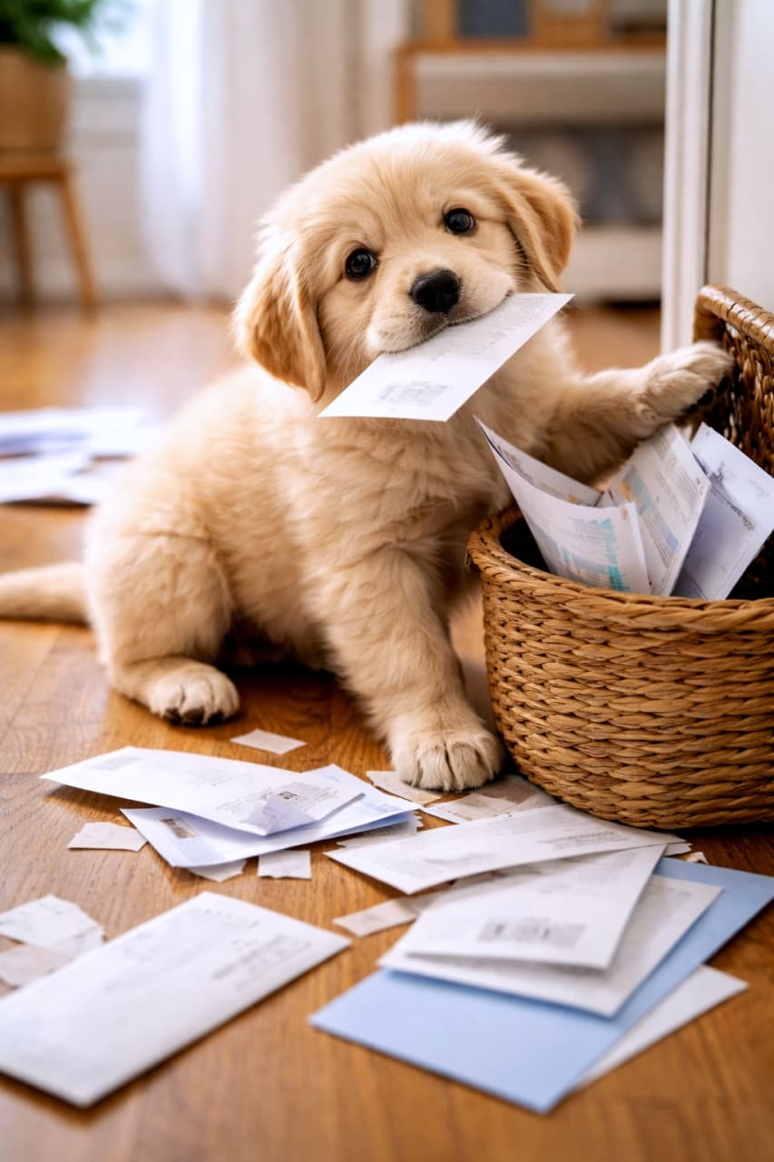 「やっちゃった!子犬が手紙を引っ張り出して大騒ぎ♪」A fluffy golden retriever puppy caught in the act, pulling letters and papers from a wicker basket, surrounded by scattered envelopes, looking guilty. フワフワのゴールデンレトリバーの子犬が、かごから手紙を引き出して散らかしているところを見つかり、ちょっと罪悪感のある表情