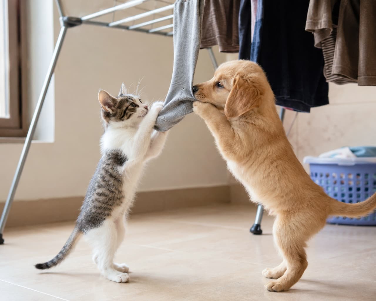 「これ、ぼくのだよ！譲らないもん！😤靴下をめぐる天使たちのほのぼのバトルに癒やされちゃってください🐶🐱 #子猫 #子犬 #モフモフ #ペットのいる生活 #にぎやか家族 #可愛いが大渋滞 #いぬねこ #尊い世界」Ultra-realistic high-quality photograph of a tabby-and-white domestic kitten and a Golden Retriever puppy standing on hind legs, playfully tugging a hanging grey sock from a clothes rack indoors. 室内干しのグレーの靴下を挟み、後ろ足で立ち上がって引っ張り合うキジ白のミックス子猫とゴールデンレトリバーの子犬。明るいタイルの床の上で、互いの目を見つめ合う微笑ましい瞬間