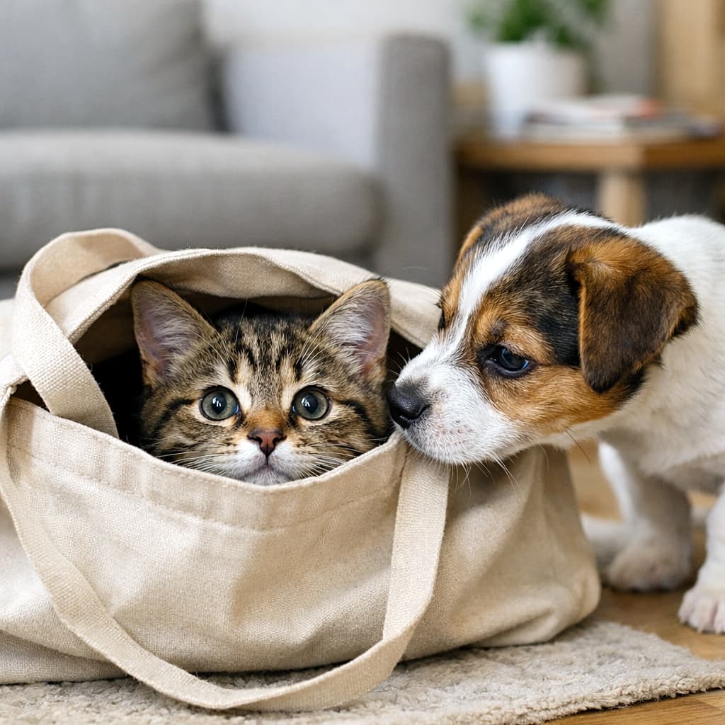 「バッグからひょっこり!子猫と子犬のかわいい初対面シーン♪」A curious kitten peeking out from a beige tote bag while a small tricolor puppy sniffs its head, photorealistic, cozy indoor room. ベージュのトートバッグから顔だけ出す好奇心旺盛な子猫と、その頭を嗅ぐ小さな三毛子犬、リアル写真風、居心地の良い室内