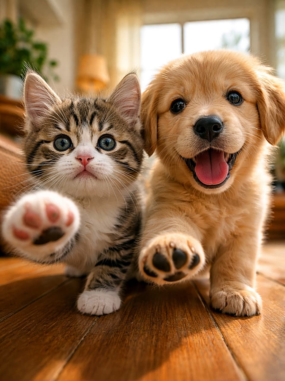 「2匹そろって画面に「ターッチ🐾」!ニコニコ笑顔の子犬とキジトラちゃんの最強コンビにメロメロ💕」A low-angle, close-up photorealistic shot of a brown tabby kitten and a happy tricolor puppy with its mouth open. Both pets are reaching a paw forward directly at the lens, showing their paw pads. Warm natural light and a shallow depth of field create a very cozy atmosphere. キジトラの子猫と、口を開けて嬉しそうな三色の子犬のローアングルなクローズアップ写真。2匹そろってカメラのレンズに前足を伸ばしており、可愛らしい肉球が見えている。温かな光と浅い被写界深度が、アットホームな雰囲気を引き立てている