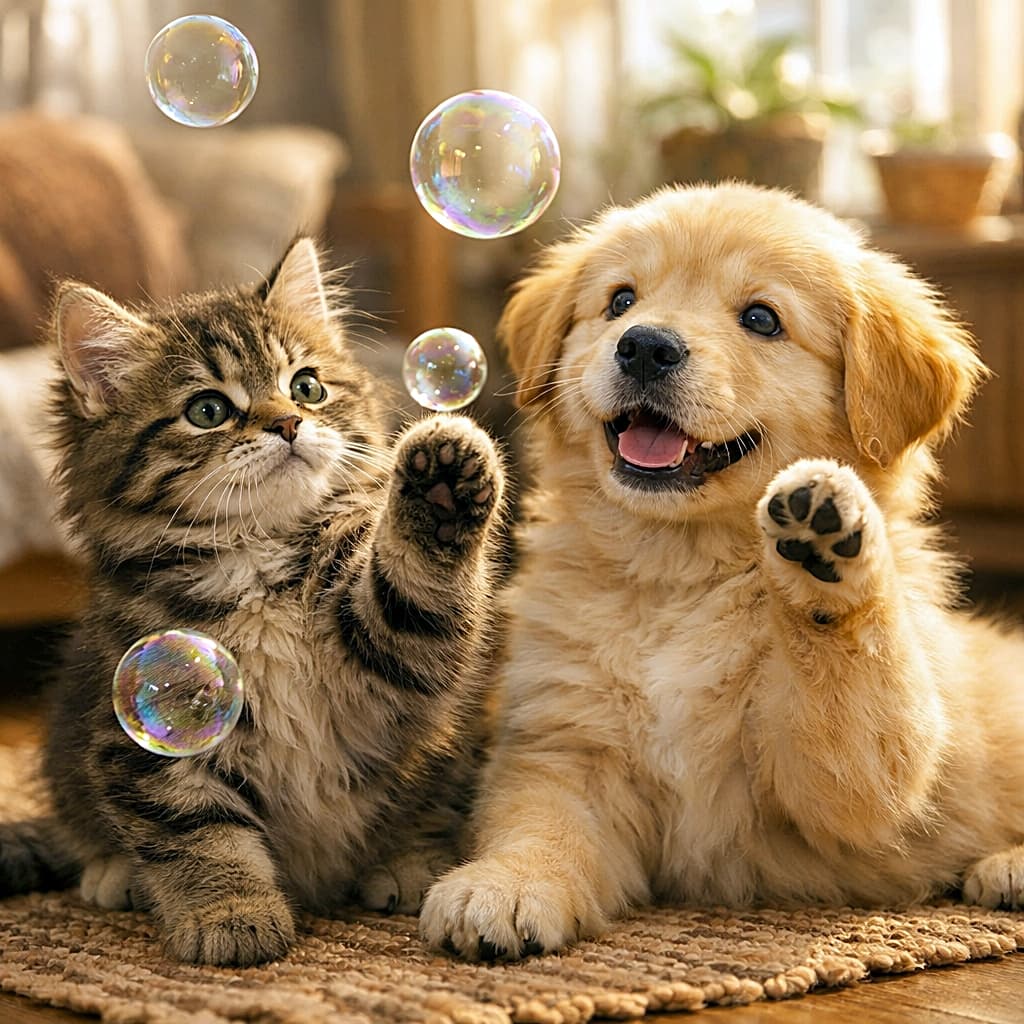 「子猫と子犬、ふわふわシャボン玉に夢中な午後🫧🐶🐱」A photorealistic scene of a tabby kitten and a golden retriever puppy sitting together indoors, gently pawing at floating soap bubbles in warm natural light. 暖かい自然光が差し込む室内で、子猫と子犬が一緒に座り、浮かぶシャボン玉に優しく前足を伸ばして遊んでいるフォトリアルなシーン