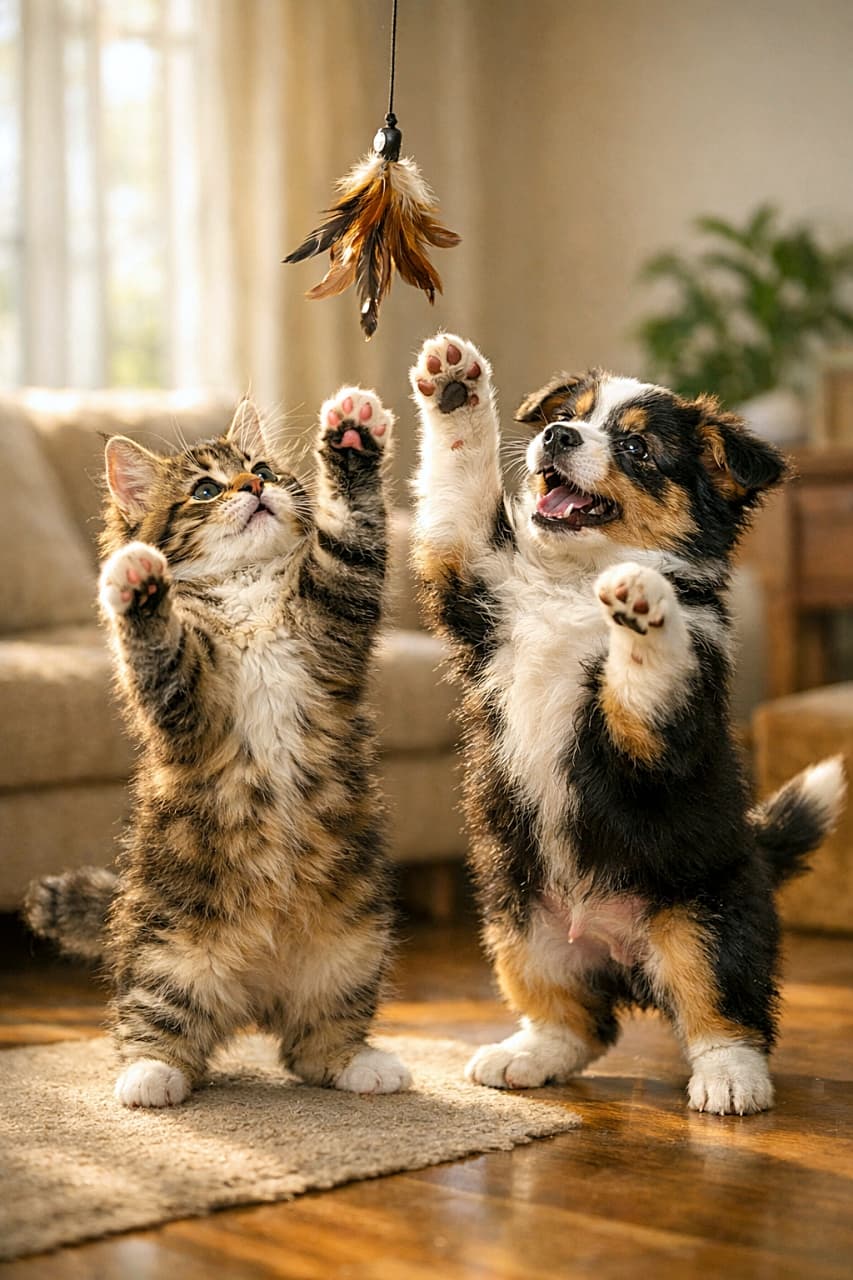 「陽だまりジャンプ!羽根を狙う最強コンビ🐾✨」A photorealistic kitten and puppy standing on their hind legs in a sunlit room, reaching up together toward a dangling feather toy, with warm natural light and detailed fluffy fur. 陽だまりの室内で後ろ足で立ち、揺れる羽根のおもちゃに一緒に手を伸ばす子猫と子犬のフォトリアルな一枚。ふわふわの毛並みと暖かな自然光が印象的