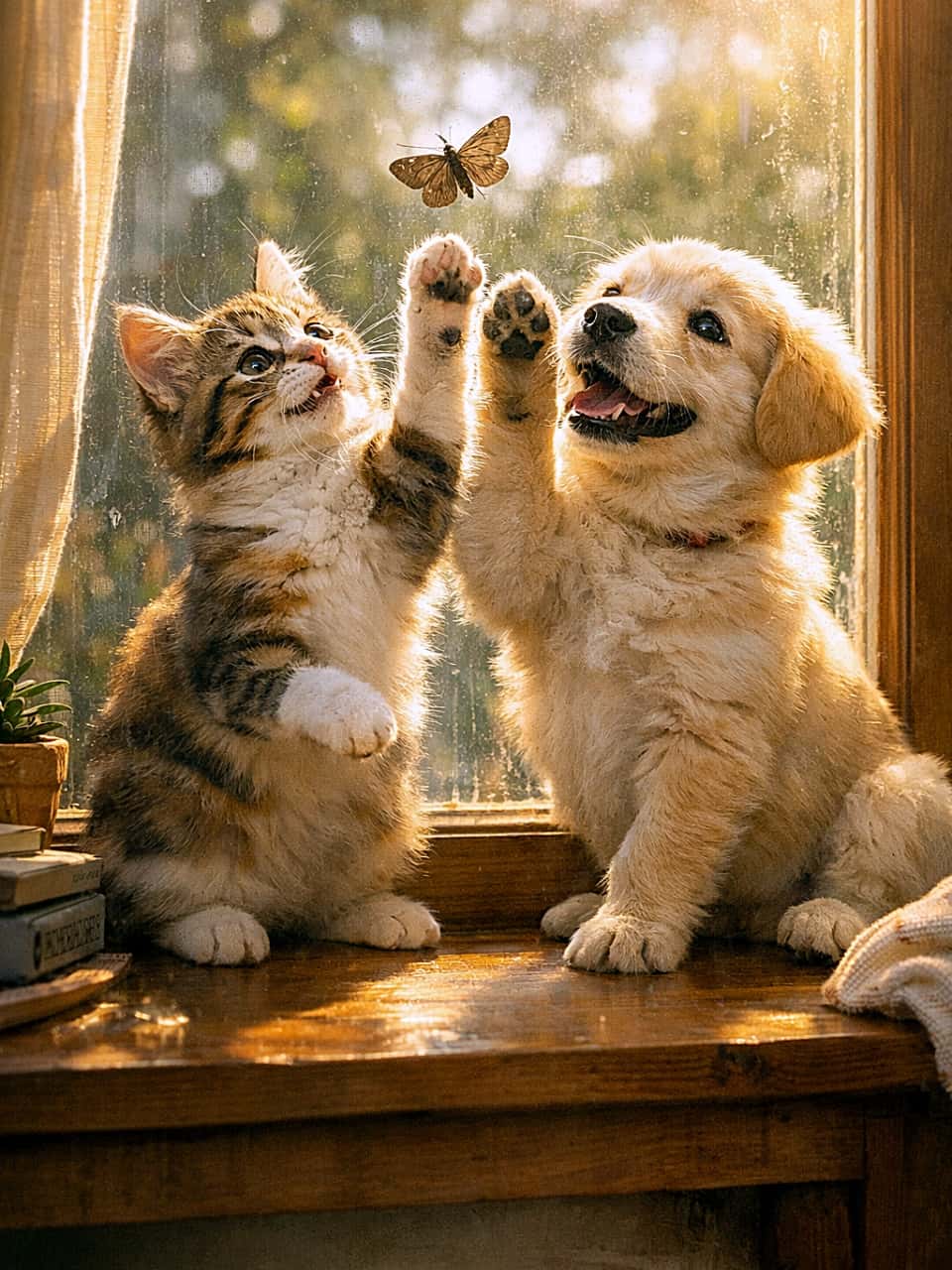「にゃんことわんこ、窓辺でちょいちょい遊ぶ朝のひととき✨」A playful kitten and puppy sitting together by a sunny indoor window, pawing at a moth on the glass, bathed in warm morning light. 陽だまりの窓辺で、子猫と子犬が並んで蛾を paw しながら遊ぶ、朝の柔らかい光に包まれたシーン