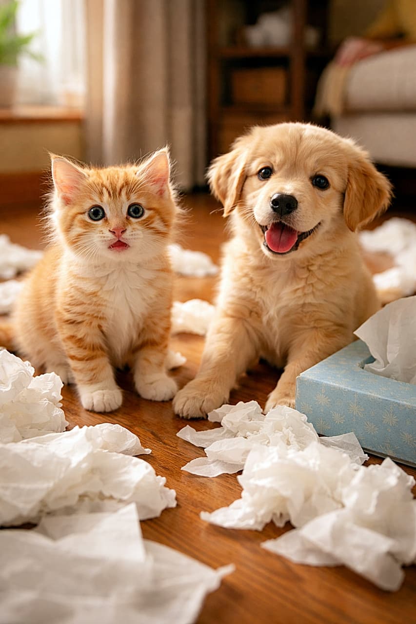 「やっちゃった感満載!ティッシュ雪まみれのなかよしコンビ🐶🐱」A surprised kitten and playful puppy sitting on a wooden floor, surrounded by pulled-out tissues in warm natural sunlight. 木の床の上で、ティッシュを散らかしながら驚いた表情の子猫と子犬が並んで座っている様子