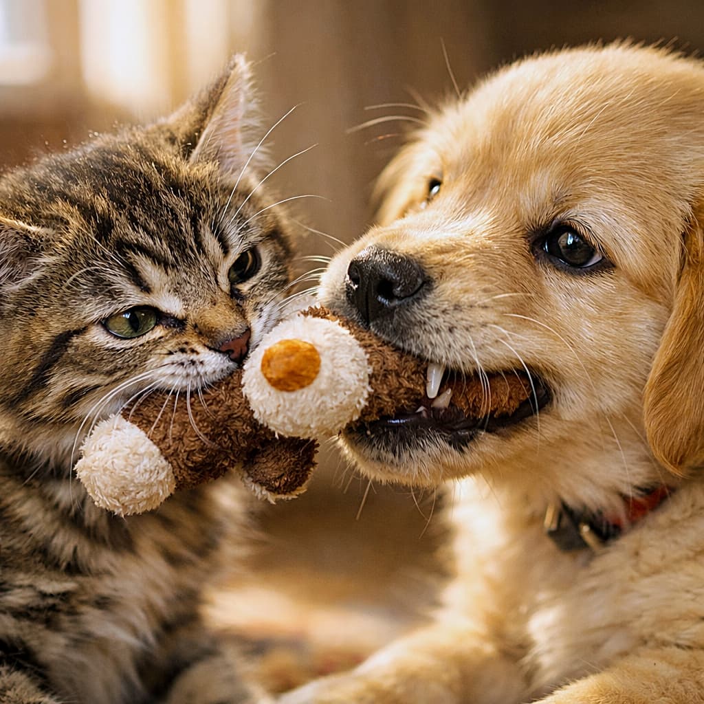 「なかよし真剣勝負！？ぬいぐるみ争奪戦🐾」Photorealistic close-up of a tabby kitten and a golden retriever puppy playfully tugging the same small plush toy with their mouths in warm indoor sunlight, detailed fur and natural composition. 暖かな室内の自然光の中で、同じ小さなぬいぐるみをくわえて引っ張り合う子猫と子犬のフォトリアルなクローズアップ。毛並みの質感まで細かく描写された自然な構図