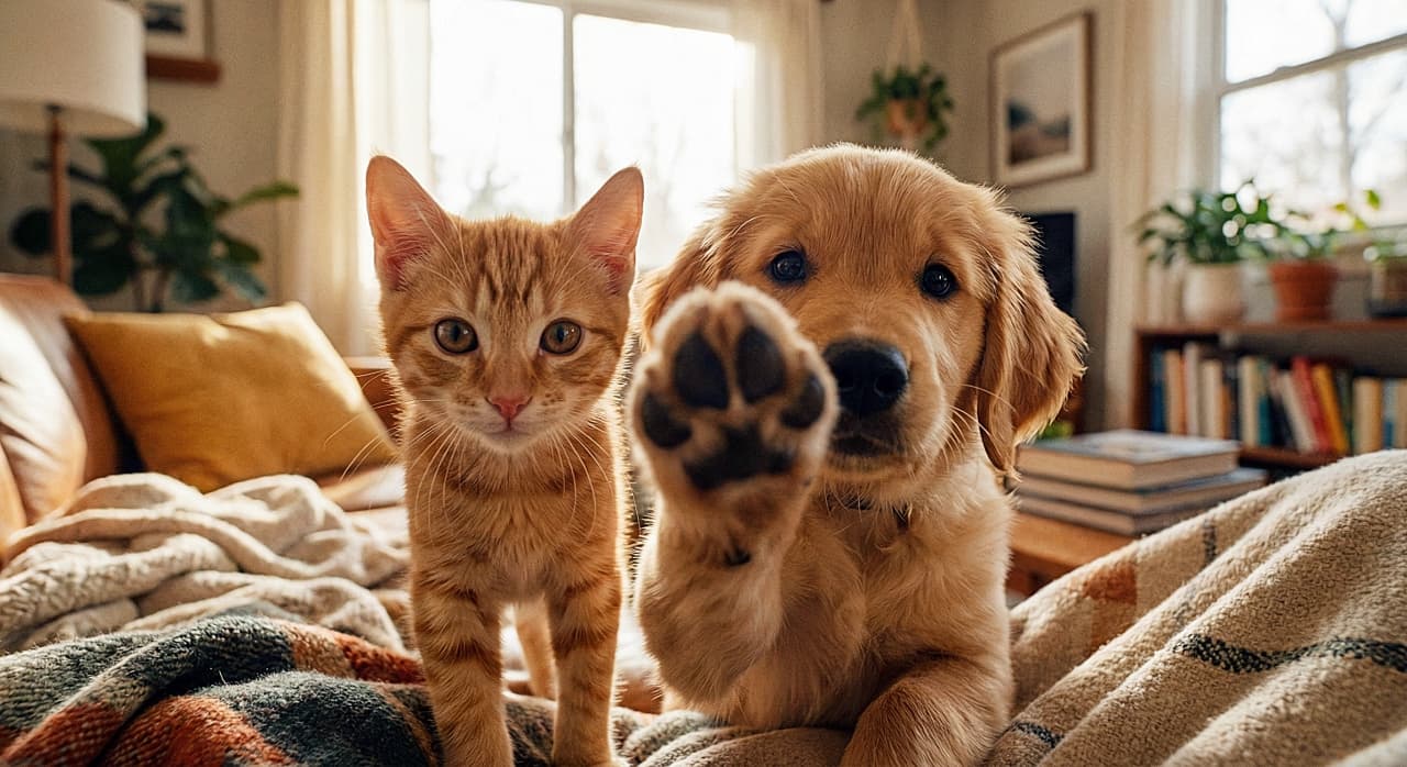 「カメラに向かって「えいっ🐾」!興味津々なゴールデンちゃんと、見守る茶トラちゃんの仲良しコンビ✨」A low-angle photorealistic indoor shot of a curious orange tabby kitten and a playful golden retriever puppy. The puppy is reaching its right paw forward as if about to tap the camera lens, while the kitten stands closely beside it. They are in a cozy living room with warm natural light. 好奇心旺盛な茶トラの子猫と遊び心のあるゴールデンレトリバーの子犬を捉えたローアングルのリアルな室内写真。子猫が寄り添う中、子犬がカメラのレンズをポンと叩くように右前足を前に伸ばしている。温かな自然光が差し込む居心地の良いリビングルームの風景