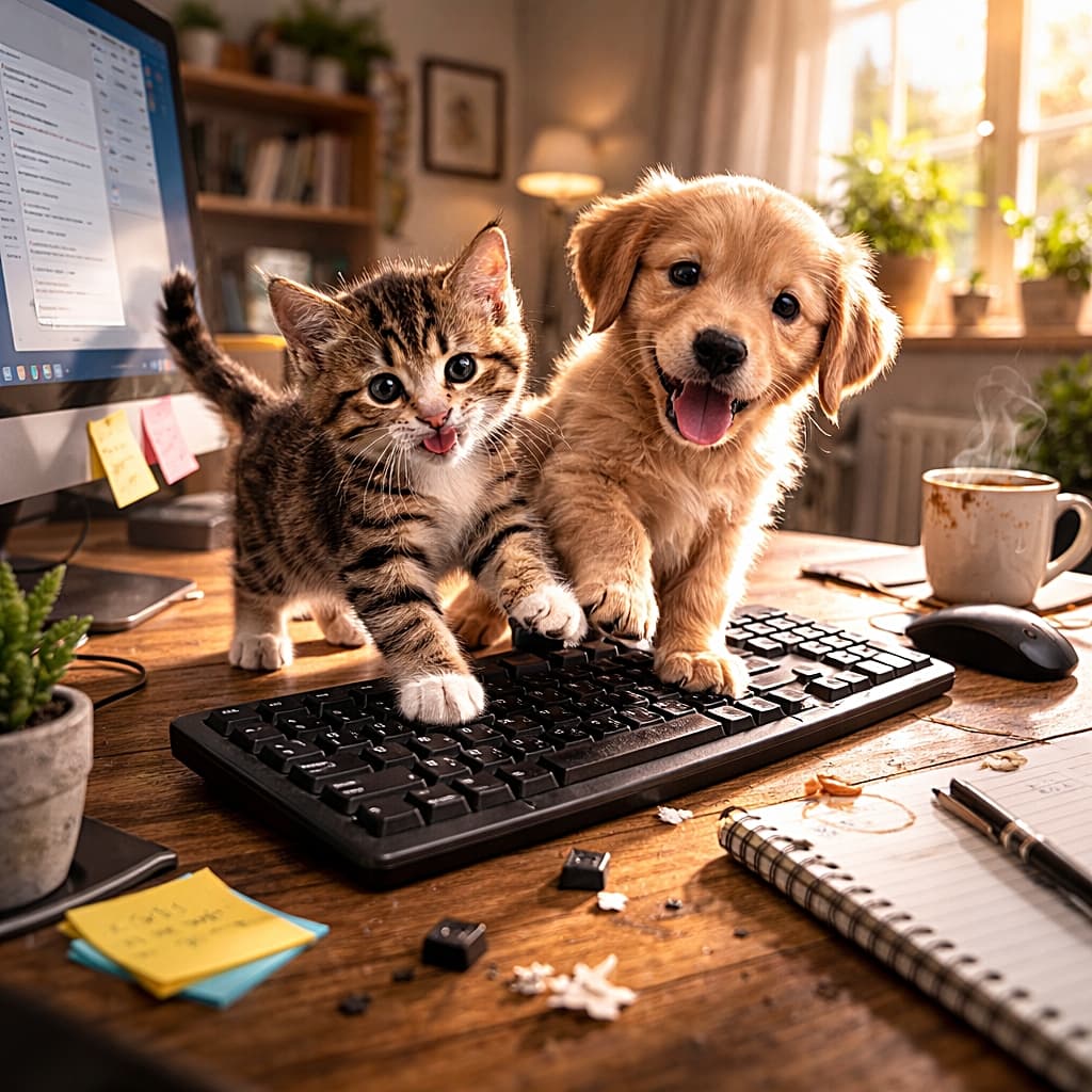 「仕事どころじゃない!可愛すぎる共同作業、開始です🐾」A photorealistic kitten and puppy standing on a computer keyboard in a cozy home office, playfully causing trouble in warm natural sunlight. 暖かな自然光が差し込むホームオフィスで、子猫と子犬が一緒にキーボードに乗って遊んでいる様子