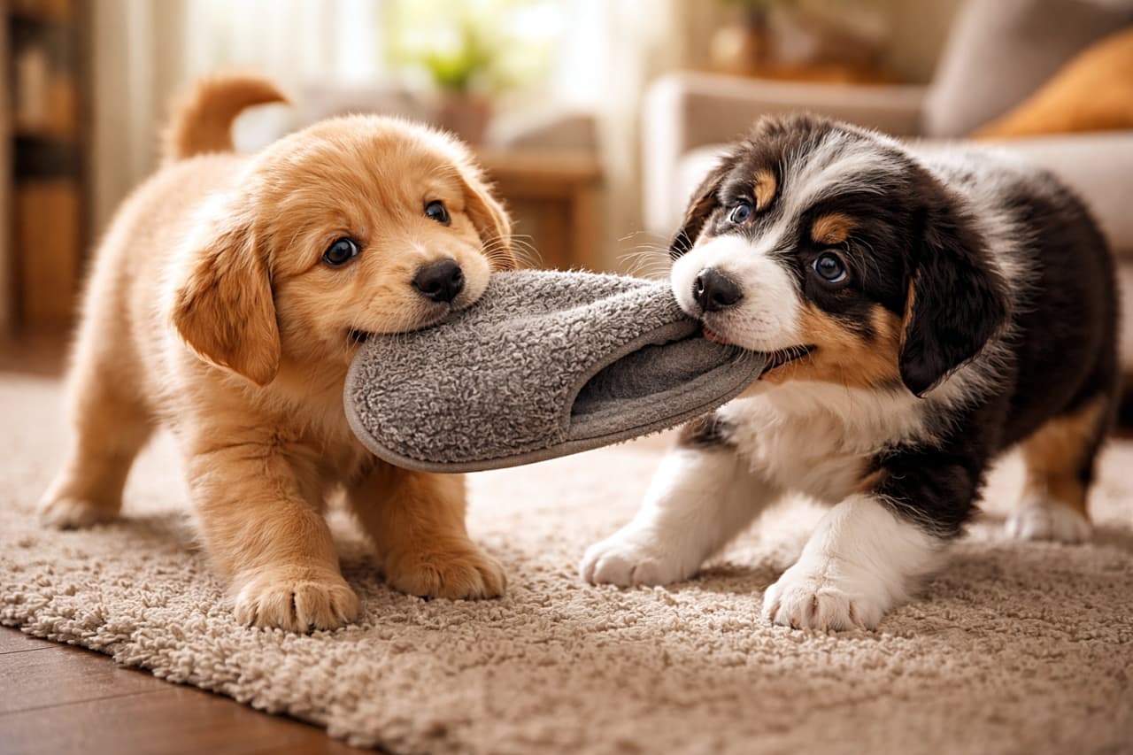 「スリッパ争奪戦!仲良く引っぱりっこする子犬たちの可愛いバトル、ほっこり癒やしのひととき 🐶✨」Two playful puppies tugging on a gray slipper in opposite directions on a cozy living room rug, soft warm lighting, photorealistic. 居心地の良いリビングのラグの上で、グレーのスリッパを反対方向に引っぱり合って遊ぶ2匹の子犬、やわらかい暖かい光、フォトリアル