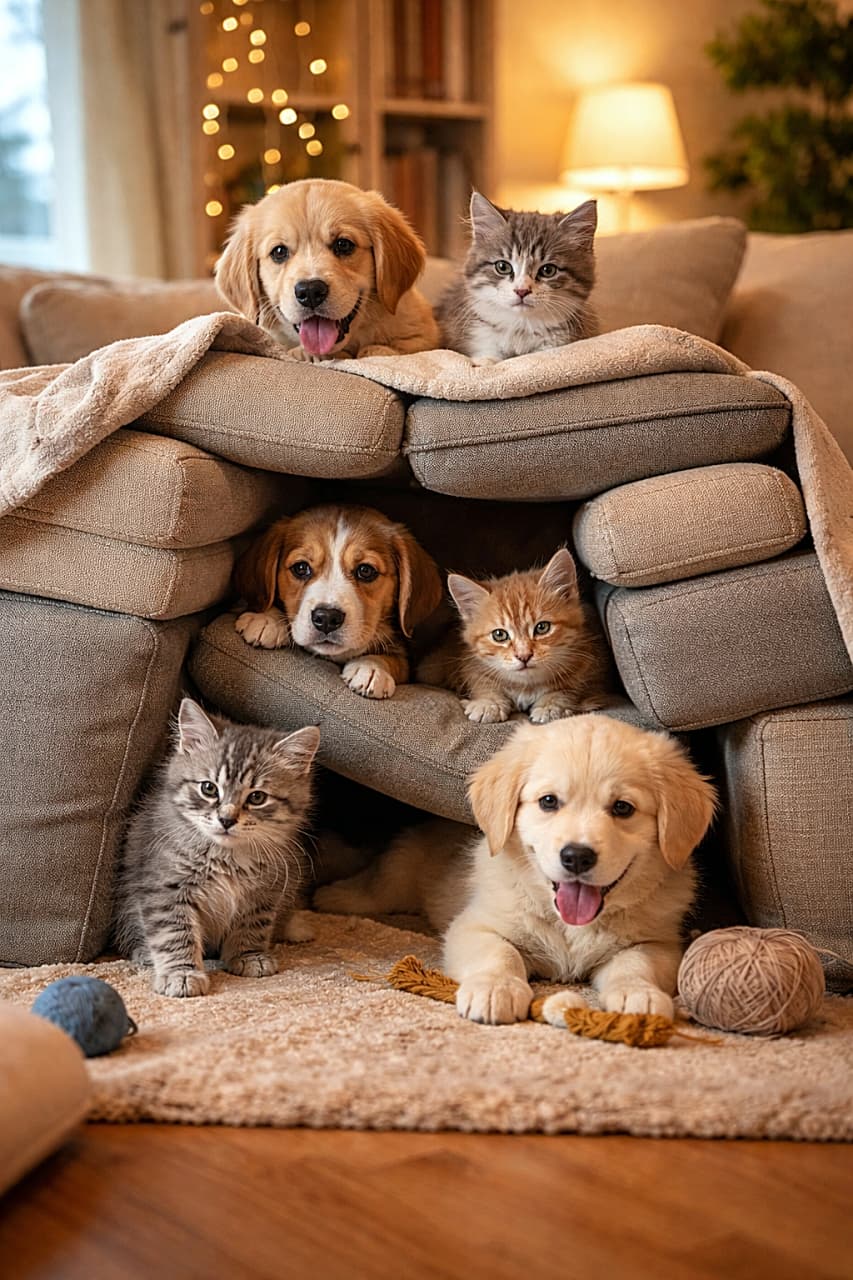 「クッション秘密基地に大集合!わちゃわちゃ遊ぶ姿が可愛すぎて癒やし全開🐾✨」Several playful puppies and kittens exploring and peeking out from a cozy couch cushion fort in a warmly lit living room, photorealistic. 暖かい室内のリビングで、クッションを積み上げて作った秘密基地の中や周りで遊んだり顔をのぞかせたりする子犬と子猫たちの写真