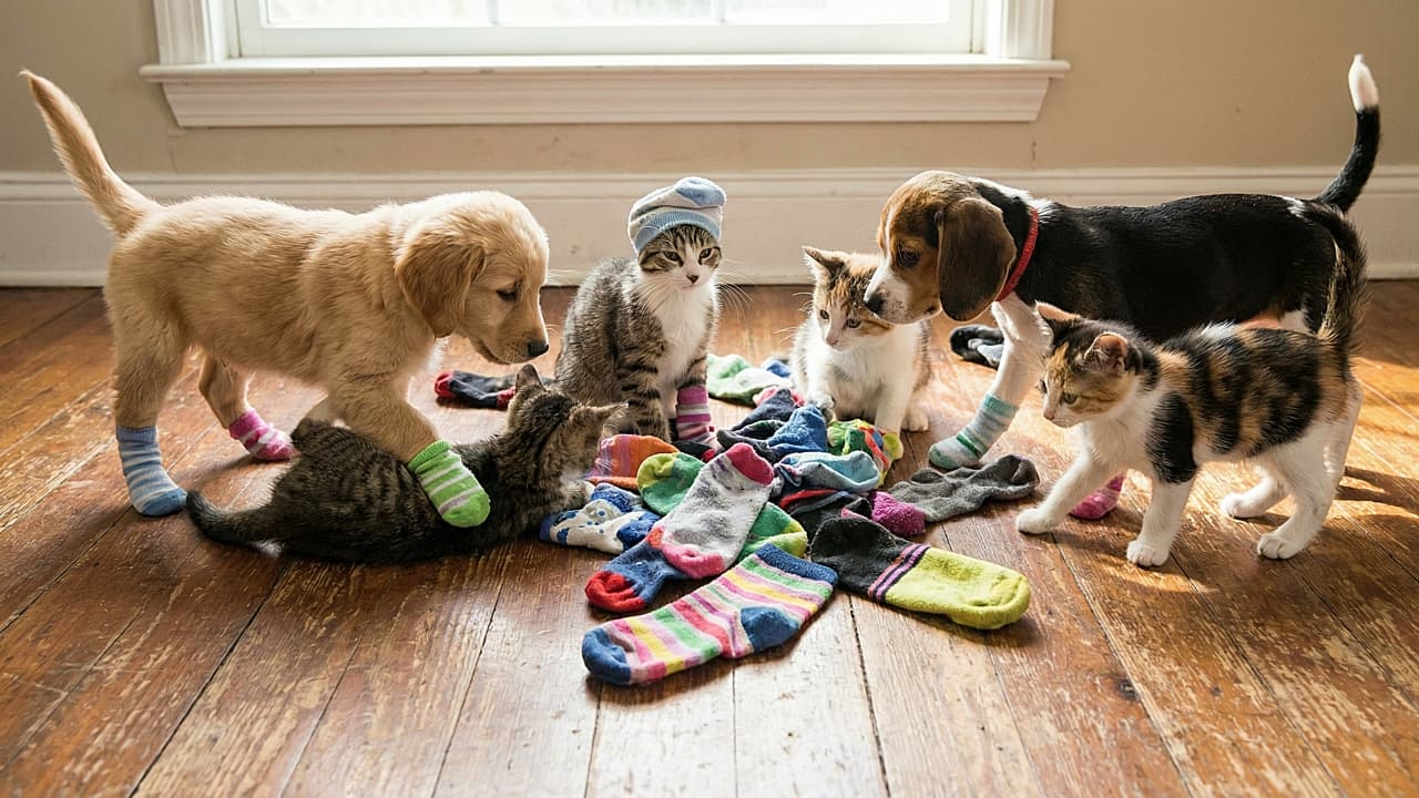 「陽だまりで靴下パーティー!🧦✨ 帽子にした子猫や、履いてる子犬たちが可愛すぎるリアルなひととき💕」A photorealistic photo of puppies and kittens playing on a sunlit wooden floor scattered with colorful socks. A golden retriever puppy wears blue and green socks, a beagle puppy wears striped socks, and a tabby kitten wears a blue sock as a hat. A calico kitten walks on the right. 陽が差し込む木の床にカラフルな靴下が散乱し、子犬と子猫が遊んでいるリアルな写真。青と緑の靴下を履いたゴールデンレトリバーの子犬、縞模様の靴下を履いたビーグルの子犬、そして青い靴下を帽子のように被ったキジトラ子猫がいる。右側を三毛猫が歩いている