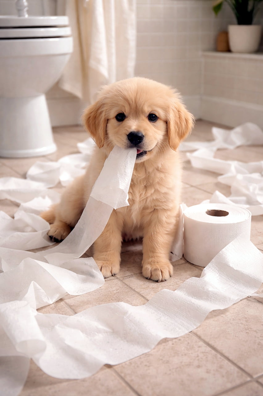 「やっちゃった感ゼロのドヤ顔!紙まみれでも可愛さ優勝です🐶✨」A golden retriever puppy unraveling a roll of toilet paper in a bathroom, with paper scattered across the floor, soft natural lighting, photorealistic. バスルームの床いっぱいにトイレットペーパーを広げながら遊ぶゴールデンレトリバーの子犬。柔らかな自然光の写実的な写真