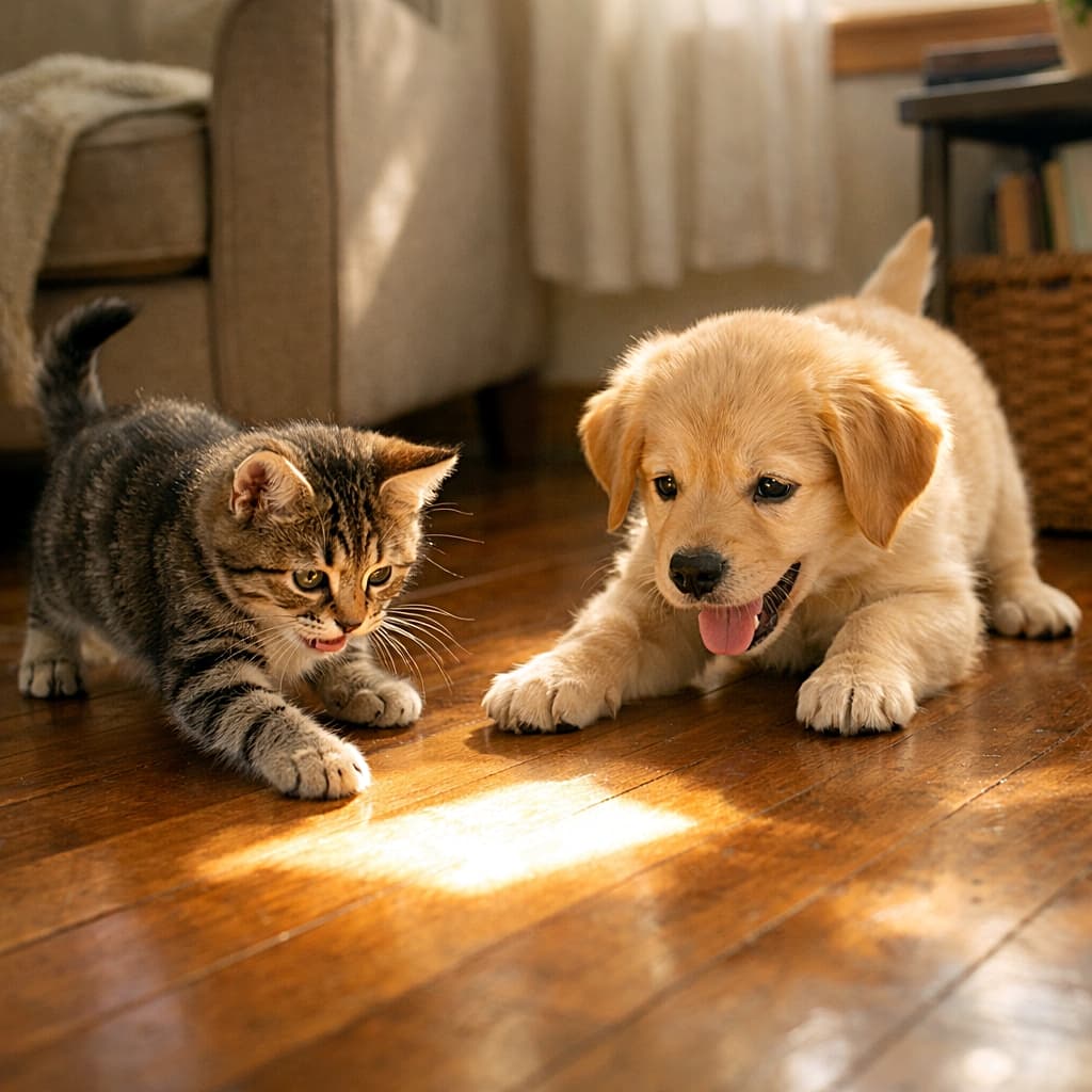 「陽だまりハンター出動!光を追う最強コンビ☀️🐾」A photorealistic indoor scene of a curious tabby kitten and a golden retriever puppy playfully chasing a bright patch of sunlight on a wooden floor, warm natural light casting soft shadows in a cozy living room. 室内の木製フロアに差し込む陽だまりを、好奇心いっぱいの子猫とゴールデンレトリバーの子犬が楽しそうに追いかけるフォトリアルなシーン。暖かな自然光とやわらかな影が広がる