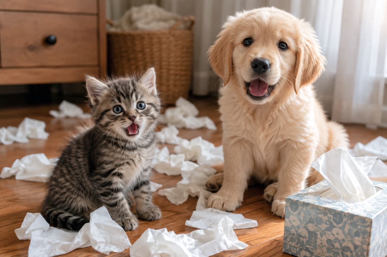 「「え？僕たち何もしてないよ？」の顔🐱🐶 ティッシュの海で満足げな二匹、怒るに怒れません…！ #犬と猫 #いたずらっ子 #ティッシュ祭り #子猫のいたずら」Ultra-realistic high-quality photograph of a cute tabby kitten meowing and a happy Golden Retriever puppy sitting in the middle of a messy floor covered in torn tissues and a tissue box. 木の床の上に散乱したちぎれたティッシュペーパーの真ん中にちょこんと座る、キジトラの子猫とゴールデンレトリバーの子犬。子猫は青い瞳で口を少し開け、何かを訴えかけるような愛らしい表情。隣の子犬は舌を出し、純真無垢な笑顔でカメラを見つめています。手前には花柄のティッシュボックスが置かれています
