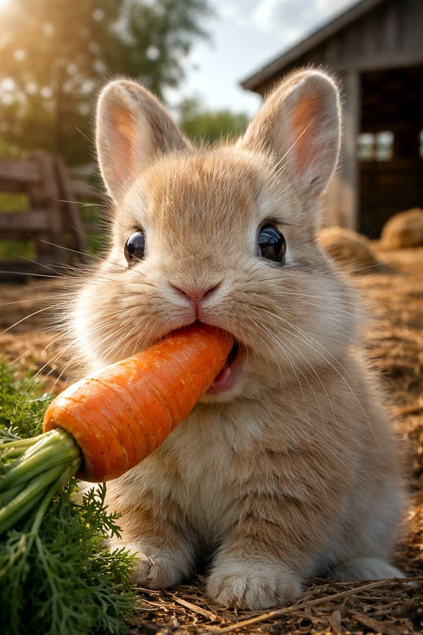 「にんじん発見で思わずパクリ！驚き顔も幸せ顔も満点のベビーうさぎ🐰🥕✨」A photorealistic baby rabbit with wide, surprised eyes holding a carrot in its mouth on a farm, half delighted and half startled. 農場の背景で、にんじんをくわえたまま驚きと喜びが混ざった表情を見せる赤ちゃんウサギの写真