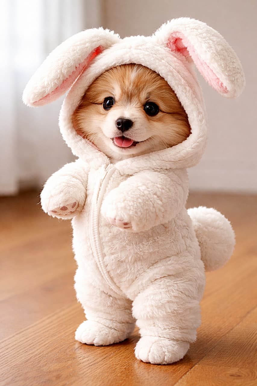 「ぴょんっと立っち！うさぎさんに変身した子犬の破壊力が尊すぎる🐰🐶✨」A small fluffy puppy wearing a white bunny costume with floppy ears and a fluffy tail, standing on its hind legs indoors, photorealistic and adorable. 垂れたうさぎ耳とふわふわのしっぽが付いた白い着ぐるみを着て、室内で後ろ足で立っている小さな子犬の愛らしい写真