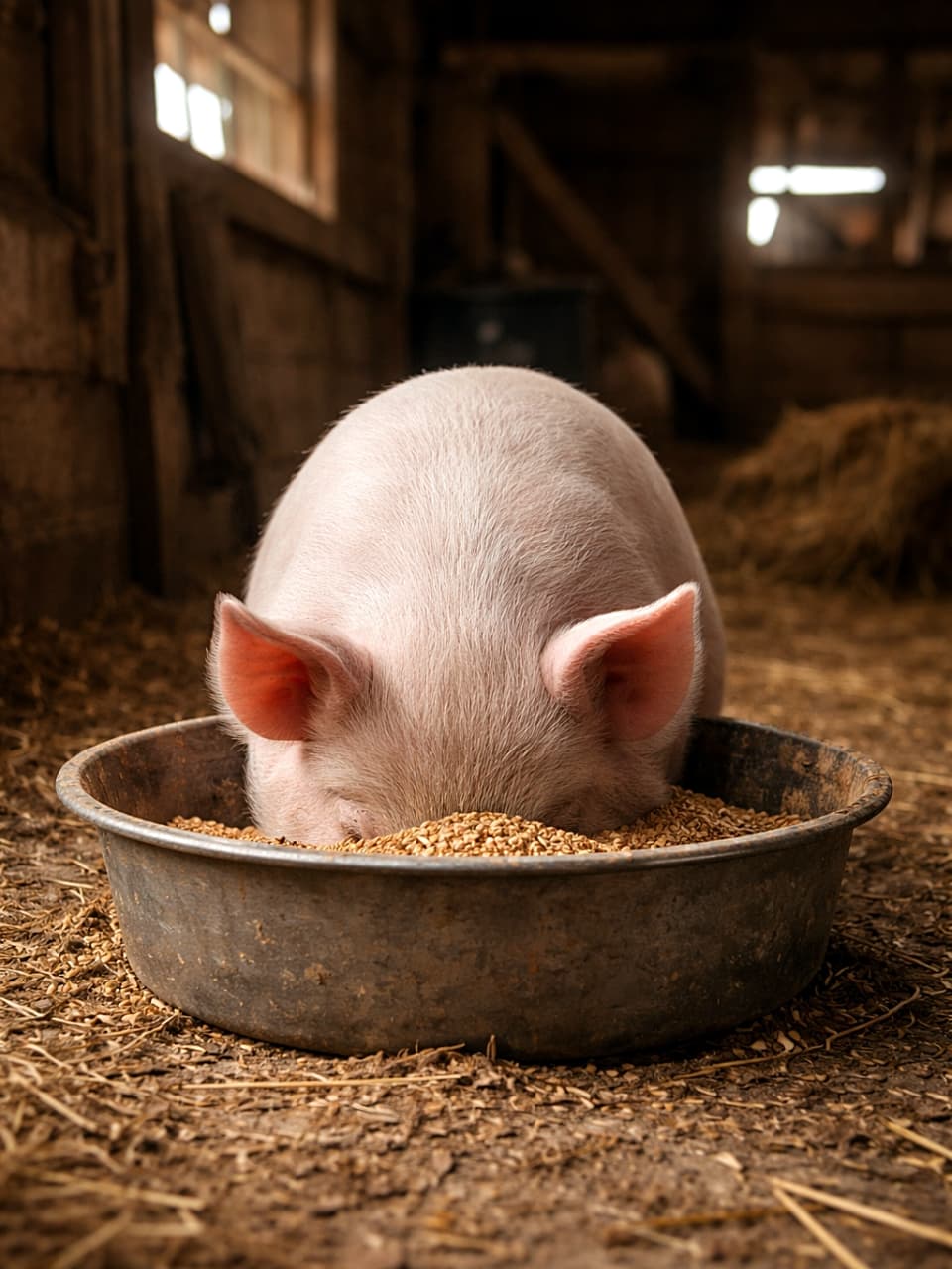 「ごはんに全集中！おしりだけ見えてる姿がたまらない可愛さ🐷」A chubby piglet with its face buried in a large food bowl, only its ears and back visible, inside a rustic barn. 納屋の中で大きな餌皿に顔を突っ込み、耳と背中だけが見えている丸々した子豚