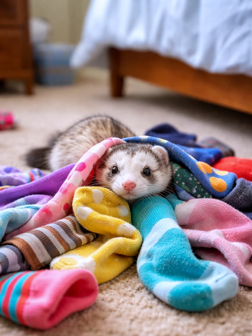 「靴下の山に突撃！ひょっこり顔を出すフェレットの探検タイムが可愛すぎる🧦✨」A curious ferret peeking out from a colorful pile of socks on a bedroom floor, photorealistic. 寝室の床に積まれたカラフルな靴下の山から顔をのぞかせる好奇心旺盛なフェレット（フォトリアル）