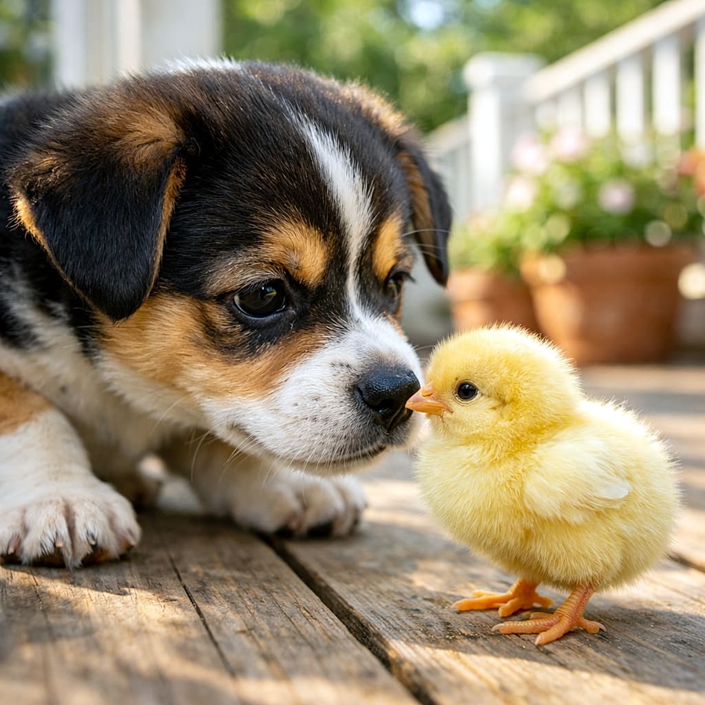 「「なにこれ？」って顔でご挨拶中🐶🐥ほのぼの初対面の瞬間にキュンです✨」A curious puppy gently sniffing a fluffy yellow chick on a sunlit wooden porch, warm natural light, photorealistic. 暖かな日差しの木製ポーチの上で、ふわふわの黄色いひよこにそっと鼻を近づける好奇心旺盛な子犬の写真