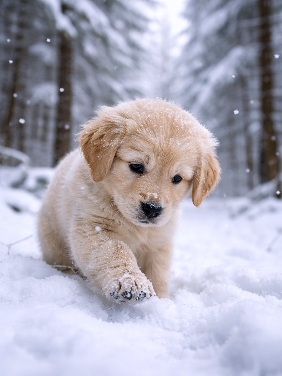 「はじめての雪にドキドキ…❄️小さな前足でそっと確認中の瞬間が尊すぎる🐾」A curious golden retriever puppy gently touching fresh snow with its paw for the first time in a quiet winter forest, photorealistic, soft natural light. 静かな冬の森の中で、初めての雪に前足でそっと触れる好奇心いっぱいのゴールデンレトリバーの子犬。柔らかな自然光のフォトリアルな描写