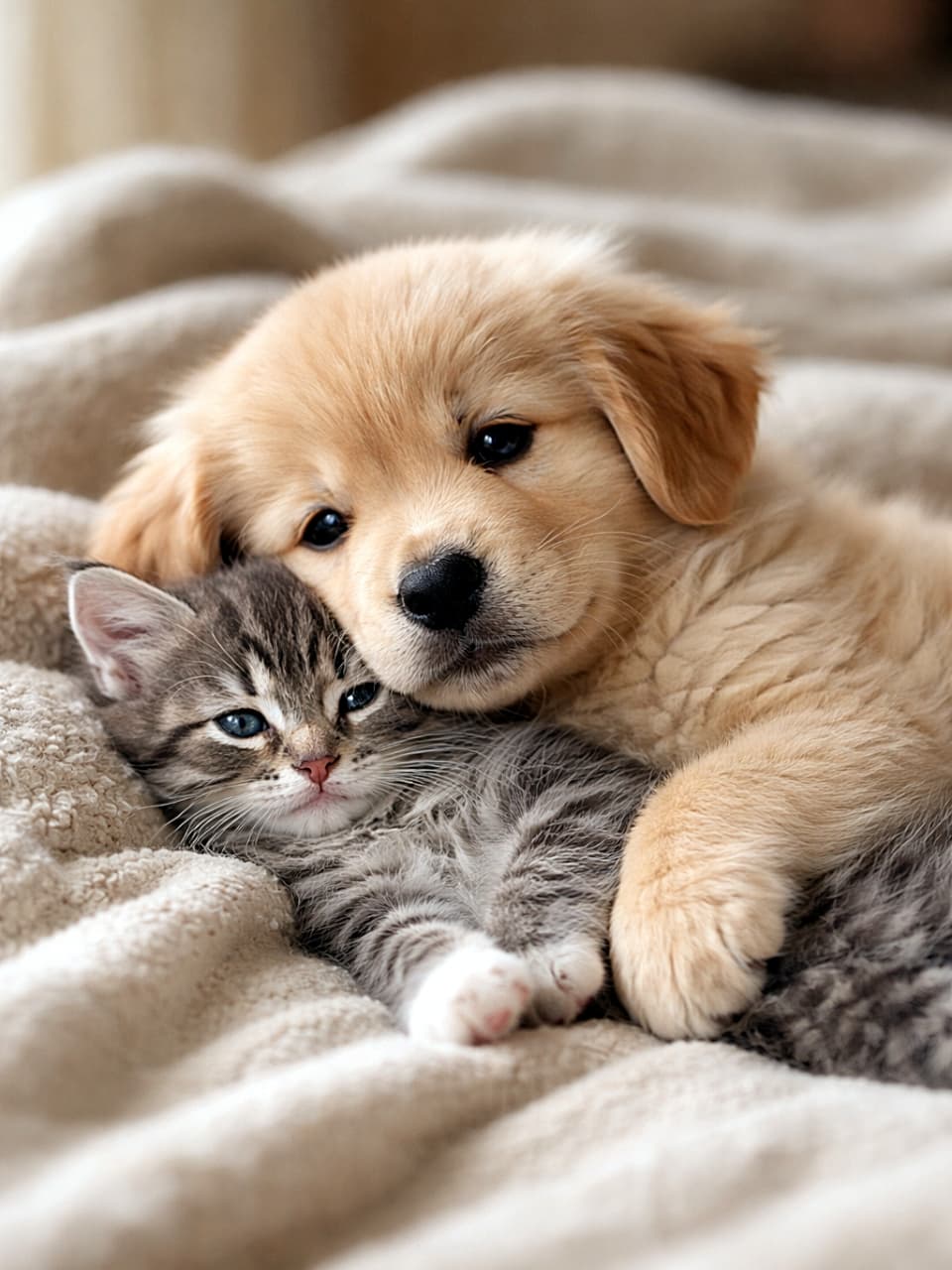 「もふもふ最強コンビ爆誕！ぬくぬく寄り添いタイムに癒やされ度100％♡」A fluffy golden retriever puppy and a gray tabby kitten snuggling closely together on a soft cream blanket, bathed in warm natural light, photorealistic. ふわふわのゴールデンレトリバーの子犬とグレーの縞模様の子猫が、やわらかいクリーム色のブランケットの上で寄り添ってくつろぐ様子。暖かい自然光のフォトリアル写真