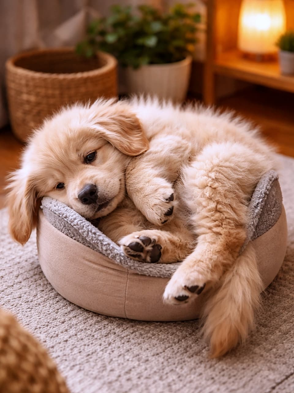 「ちっちゃすぎるベッドでも満足そう！？はみ出し肉球とお耳が可愛すぎる子犬のほっこり休日🐾」A fluffy puppy awkwardly curled up in a tiny cat-sized bed, paws and ears hanging out, resting in a cozy warmly lit indoor room. 小さすぎる猫用ベッドに無理やり丸まって入り、足や耳がはみ出しているふわふわの子犬。暖かい室内のくつろいだ雰囲気