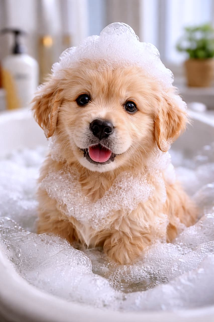 「泡まみれでもごきげん♪ふわふわ子犬のバスタイムが可愛すぎる瞬間🫧🐶」A fluffy puppy covered in soap bubbles during bath time, sitting in a white tub with a happy expression, photorealistic close-up. 泡だらけになりながらお風呂に入るふわふわの子犬が、白いバスタブの中で嬉しそうな表情をしているフォトリアルなクローズアップ写真
