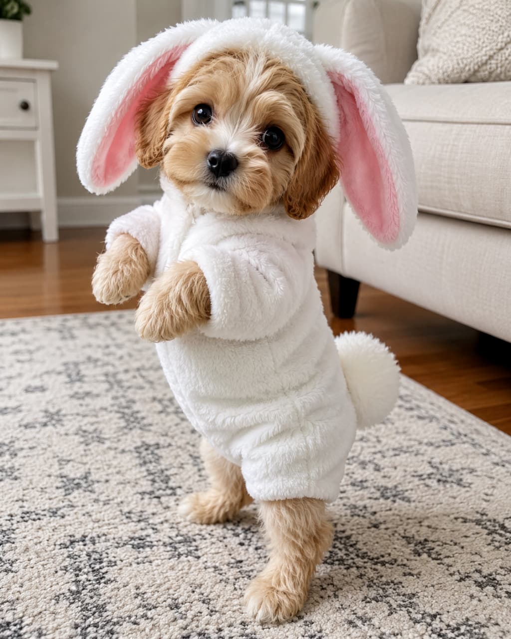 「うさぎさん？いいえ、わんこです🐶🐰🐾 ぴょこんと立った姿がたまらない！思わず抱きしめたくなりますね✨ #犬服 #ふわもこ部」Ultra-realistic high-quality photograph of a fluffy brown Poodle mix puppy wearing a white bunny costume, standing on its hind legs on a bright living room rug, highlighting its big black eyes, cute pose, and the fluffy texture of the suit. 明るいリビングの柄入りラグの上で、白いウサギの着ぐるみを着たプードルミックスのような茶色いふわふわの子犬が、後ろ足で立ち上がっている超高画質写真。クリクリとした黒い瞳と、着ぐるみのモコモコとした質感、少し首を傾げたような愛らしいポーズが非常にリアルに表現されています