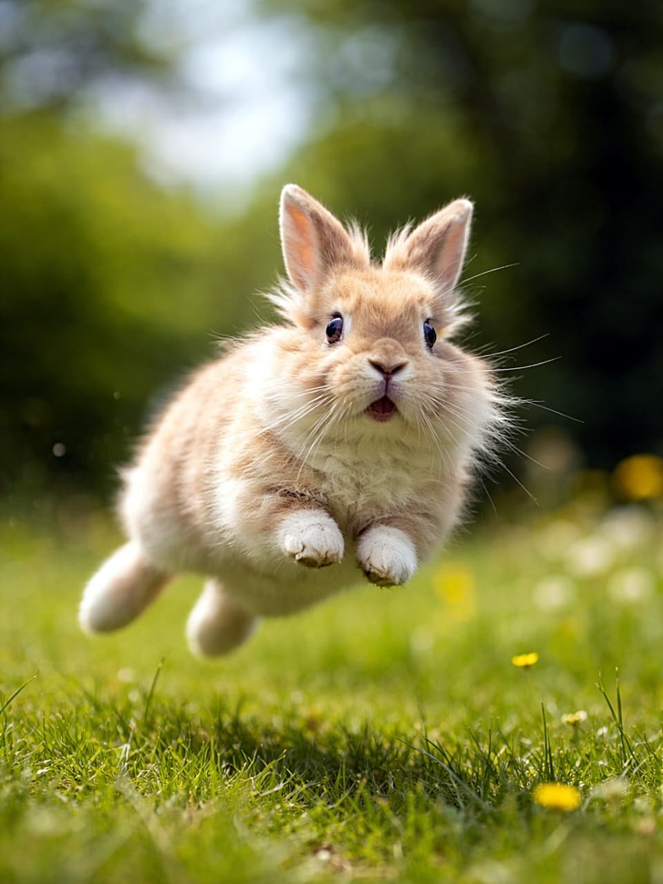 「ぴょん！の途中でフリーズ！？びっくり顔がたまらない空中ジャンプうさぎ🐰✨」A fluffy rabbit frozen mid-hop above a green meadow, eyes wide with a startled expression, photorealistic with motion blur and shallow depth of field. 緑の草原の上でジャンプ途中に空中で止まったような、驚いた表情のふわふわのウサギ。モーションブラーと浅い被写界深度のある写実的な写真