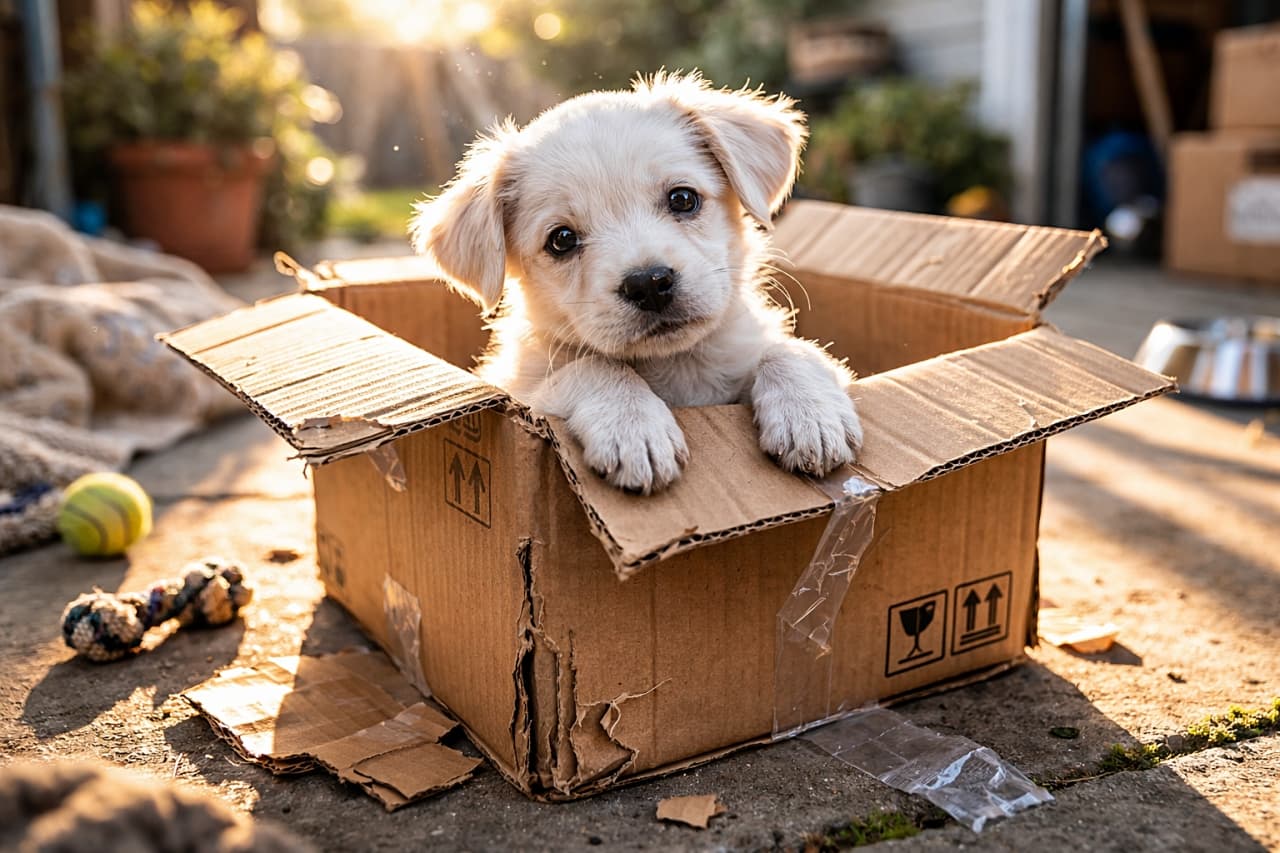 「出られないの？それとも居心地いいの？箱大好き子犬さん📦💛」A fluffy white puppy sitting inside a worn cardboard box with torn edges, paws resting on the flap, surrounded by pet toys in warm sunlight. 少し傷んだ段ボール箱の中に入り、ふたに前足を乗せてこちらを見る白いふわふわの子犬。周囲にはおもちゃがあり暖かな日差しの屋外