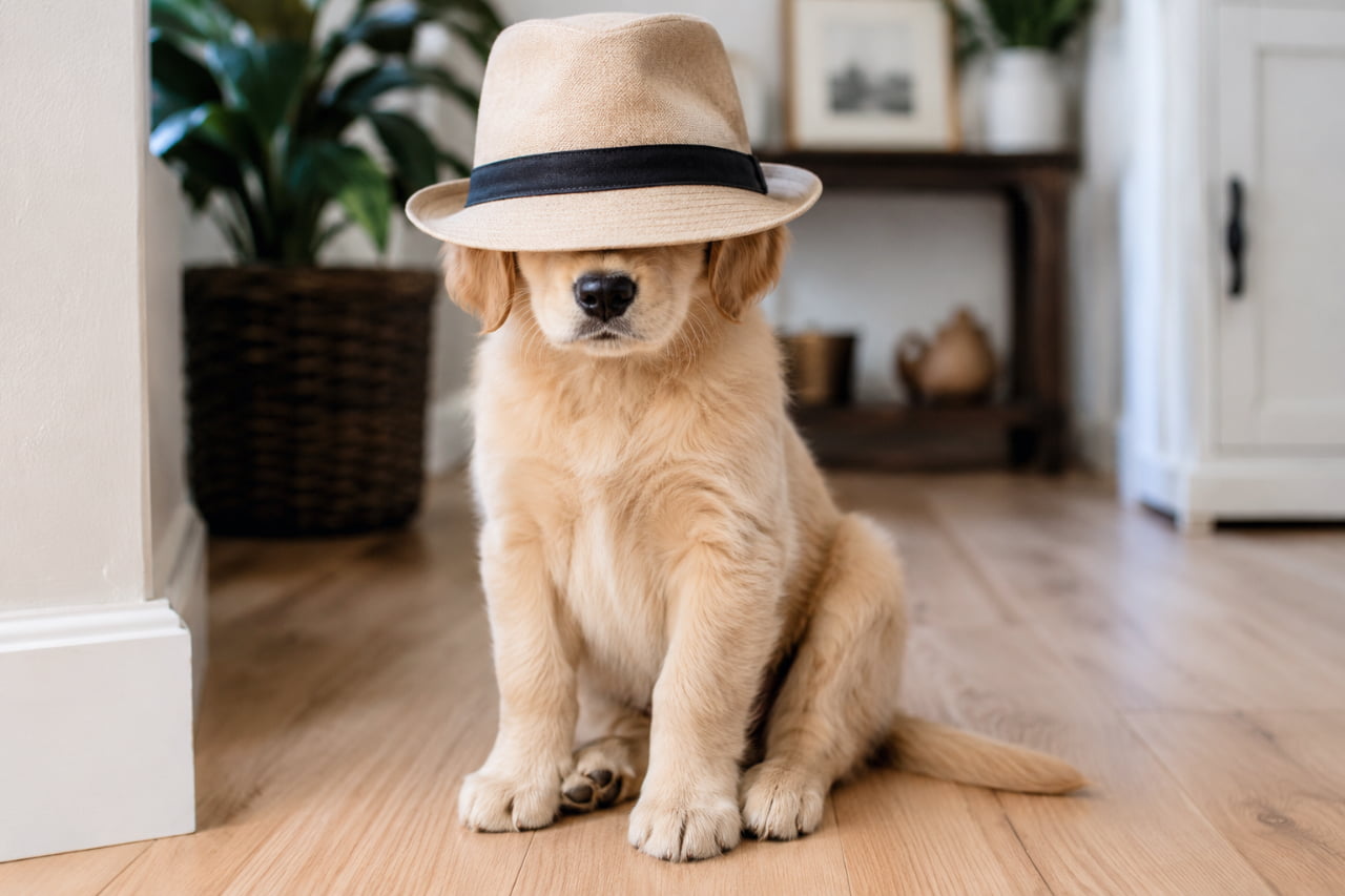 「「ふふふ…僕の正体は秘密だよ🐾」ちょっと大きめの帽子がたまらなく可愛い、おしゃれ番長の登場です😎👒 #おしゃれ犬 #犬スタグラム」Ultra-realistic high-quality photograph of a golden retriever puppy sitting politely on a wooden floor, wearing a straw hat with a black ribbon pulled down low over its eyes. Only its cute nose and mouth are visible, creating a charming and slightly humorous scene in a stylish interior. 木目調の床にきちんとお座りし、頭に黒いリボンのついた麦わら帽子を目が隠れるほど深くかぶっているゴールデン・レトリーバー系の子犬のリアルな写真。鼻と口元だけが見えているシュールな可愛さと、背景の観葉植物やインテリアが調和し、静かでスタイリッシュな雰囲気を醸し出している
