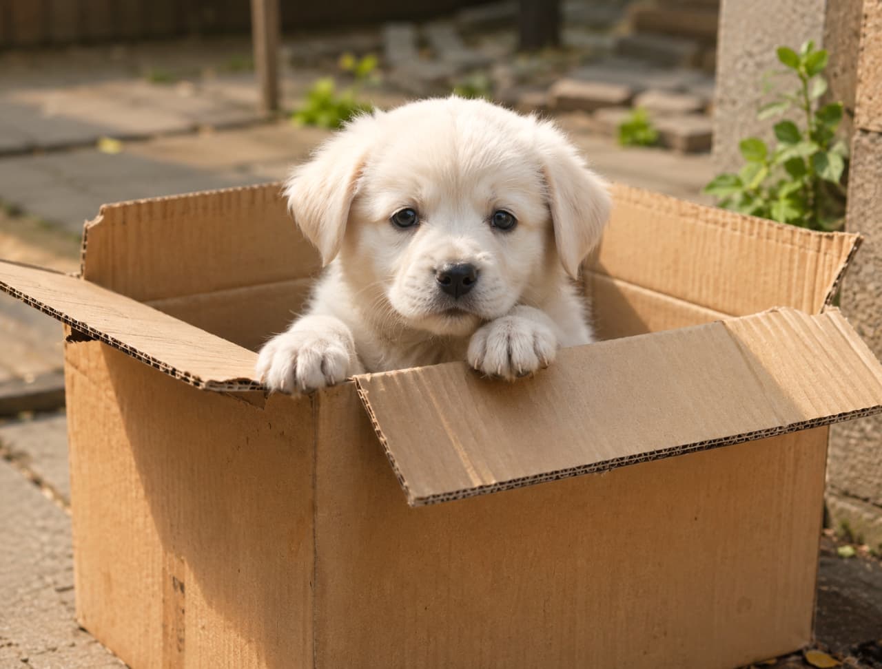 「「僕をお家に連れてって！」🥺 🐾 こんなお顔で見つめられたら、お断りなんてできないよね🎁✨ #子犬 #ゴールデンレトリバー」Ultra-realistic high-quality photograph of an adorable golden retriever puppy looking out of a cardboard box outdoors, resting its paws on the edge. Sunlight highlights its fluffy cream-colored coat, capturing its big, curious dark eyes and floppy ears. 屋外で開いたダンボール箱の中から顔を出し、前足を縁にかけてカメラをじっと見つめるゴールデン・レトリーバーの子犬のリアルな写真。太陽の光がクリーム色のふわふわした被毛を明るく照らし、くりっとした暗く丸い瞳と少し垂れた耳が、あどけなさと好奇心の強さを感じさせる