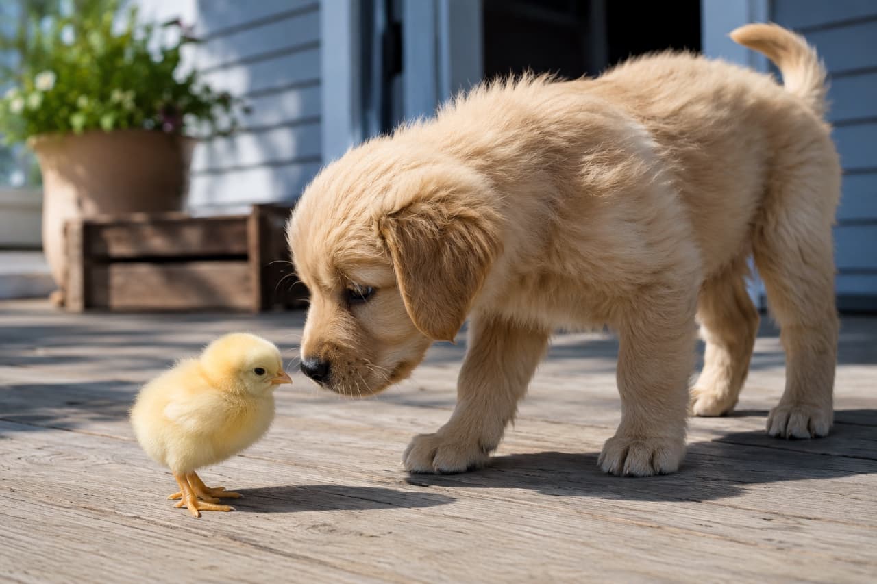 「はじめまして、小さな小さなお友達！🐥そっとお互いを見つめ合う、ピュアで優しい出会いの瞬間にほっこり✨」An ultra-realistic high-quality photograph of a golden retriever puppy gently sniffing a tiny, fluffy yellow chick on a sunny wooden deck. A peaceful and heartwarming encounter captured in natural light. 陽の当たる木製のウッドデッキの上で、ゴールデンレトリバーの子犬が、目の前にたたずむ小さなふわふわとした黄色のひよこを興味深そうに覗き込んでいる横顔のアングル。背景にはグリーンが飾られ、のどかで優しい時間が流れている光景
