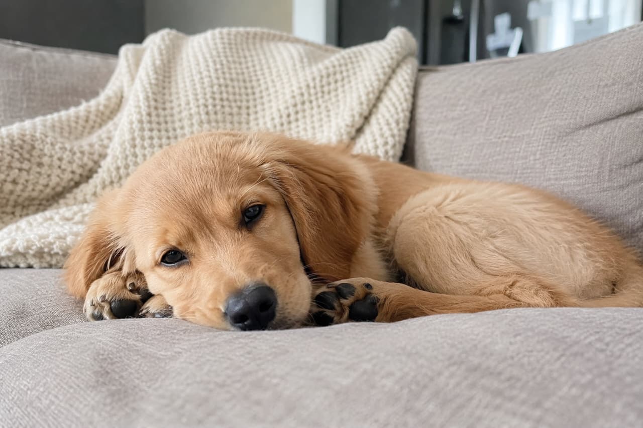 「今日ものんびりお昼寝モード💤ソファの上でリラックスしながら、ウトウトしている姿に心がポカポカします🐾」An ultra-realistic high-quality photograph of a golden retriever puppy lying down and relaxing on a modern grey sofa, with its chin resting on the cushion and a white knit blanket in the background. シックなグレーのファブリックソファの上で、白いワッフル織りのブランケットを背景に、あごをクッションに乗せてリラックスしているゴールデンレトリバーの子犬。黒い肉球が覗く前足と、眠たそうな優しい表情が映し出されている
