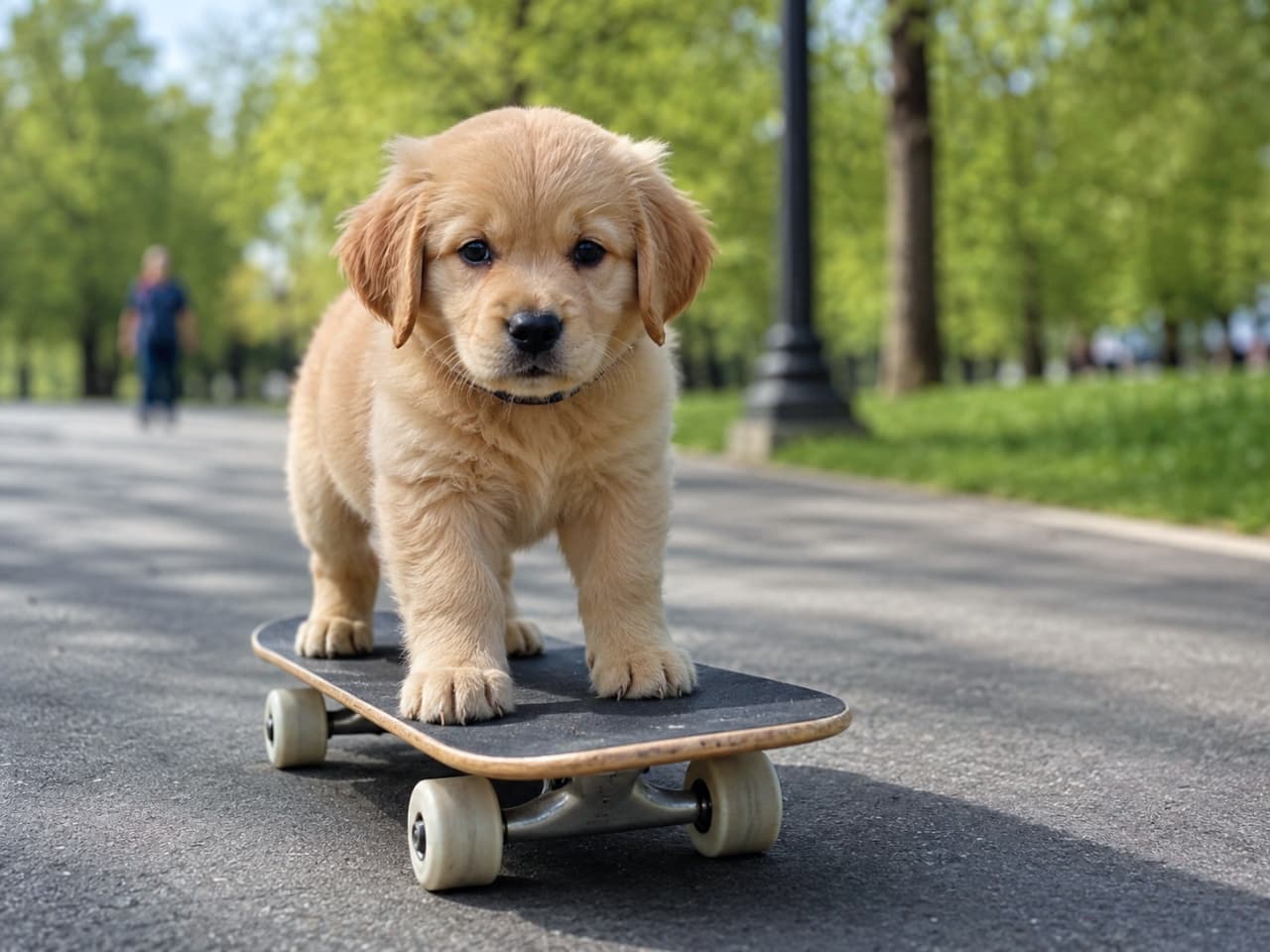 「スケボーだってお手のもの！？🛹 ドヤ顔で乗りこなす姿に思わずキュンとしちゃいますね🐶💚 #スケボー犬 #公園散歩 #アクティブ」Ultra-realistic high-quality photograph of an adorable Golden Retriever puppy standing confidently on a skateboard on a paved park path. The puppy has fluffy cream fur and large round eyes, with blurred green trees and a person walking in the background. 新緑が美しい公園の舗装された道で、ゴールデンレトリバーの子犬がスケートボードの上に四つ足でしっかりと立ち、カメラを見つめている様子。ふっくらとしたクリーム色の被毛と真ん丸な黒い瞳が愛らしく、背景には散歩を楽しむ人物が適度にボケて写り込んでいます