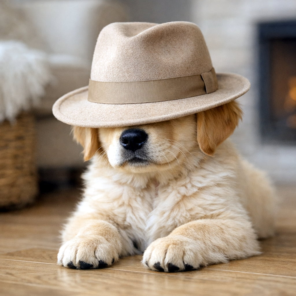 「おしゃれな帽子で目隠し中？🎩 ちょっとサイズが大きいけど、そこがたまらなく可愛いゴールデンちゃん💕」A high-resolution photograph of a fluffy golden retriever puppy wearing a large beige fedora hat that completely covers its eyes. The puppy is lying down on a light hardwood floor in a cozy room with a fireplace and soft natural light streaming in. 屋内の明るいフローリングの上に伏せている、ふわふわのゴールデンレトリバーの子犬。大きなベージュのフェドラハットを深くかぶっており、目元が隠れている。背景には暖炉などがあり、柔らかな自然光に包まれた居心地の良い雰囲気