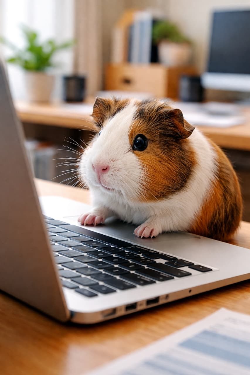 「お仕事チェック中？真剣なまなざしが可愛すぎるモルちゃん💻✨」A photorealistic guinea pig perched on a laptop keyboard, gazing intently at the screen in a cozy home office setting. ノートパソコンのキーボードの上に乗り、画面を真剣に見つめるモルモット。自宅オフィスの温かい雰囲気の中で撮影されたリアルな写真