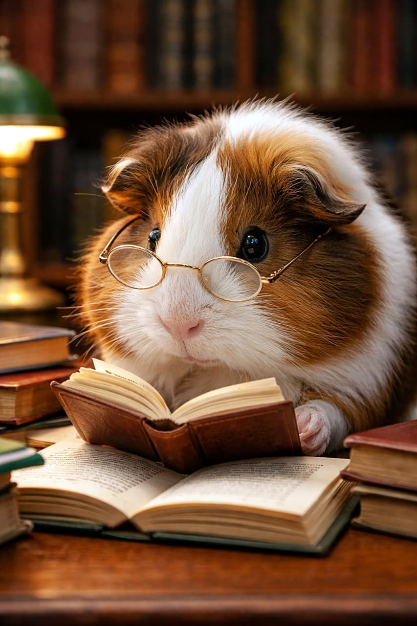 「ちいさなメガネで真剣読書！？知的すぎるモルちゃんにキュンが止まらない📚✨」A photorealistic guinea pig wearing tiny eyeglasses, looking at an open miniature book on a wooden table in a cozy library setting with warm lighting and stacked books. 小さな丸眼鏡をかけたモルモットが、温かみのある図書館の机の上で開いたミニチュアの本を見つめているフォトリアルな写真