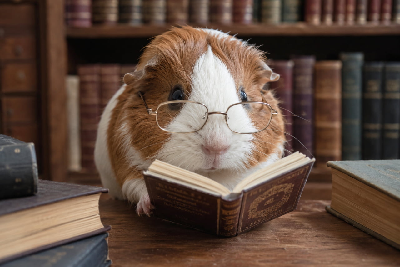 「読書の秋？それともお勉強中？📚✨ インテリジェンスあふれるモルモット教授の可愛すぎるひとときです🐹💡 #モルモットのいる生活 #読書好き」Ultra-realistic high-quality photograph of a brown and white guinea pig wearing gold wire-rimmed glasses, reading a tiny leather-bound vintage book in an antique library, featuring cinematic lighting and intricate fur details. 古い本が並ぶアンティークな書斎を背景に、金色の丸眼鏡をかけた茶色と白のモルモットが、小さな革張りの洋書を開いて読んでいるかのような超高画質写真。知的な佇まいと、鼻先の微細な毛並み、そして古い紙と革の重厚な質感がシネマティックな光の中で表現されています